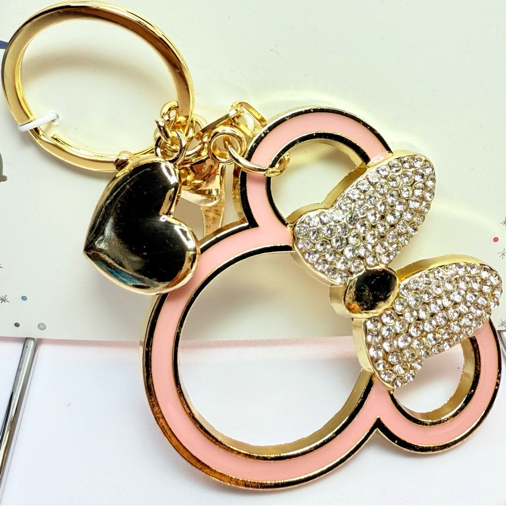 Disney Pink Minnie Mouse Keychain FOB Bag Charm with Rhinestone Bow & Gold Heart